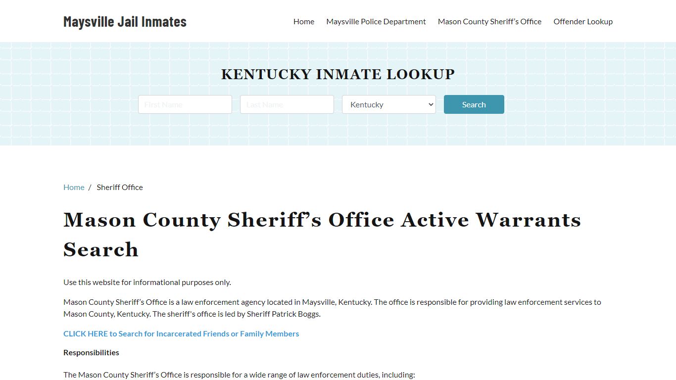 Mason County Sheriff Office, KY Warrant Lookup - Maysville Jail